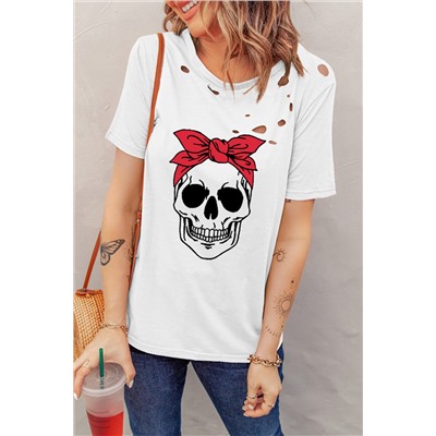 White Distressed Scarf Skull Graphic Tee