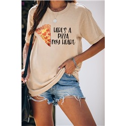 Khaki Pizza Letter Graphic Print Short Sleeve T Shirt