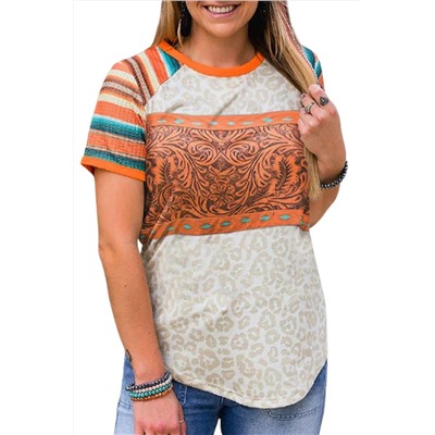 Leopard Striped Pattern Color Block Short Sleeve T Shirt
