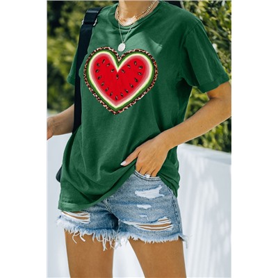 Green Watermelon Heart-shaped Print Short Sleeve Graphic Tee