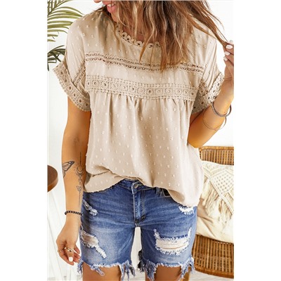 Apricot Swiss Dot Lace Splicing Short Sleeve Top