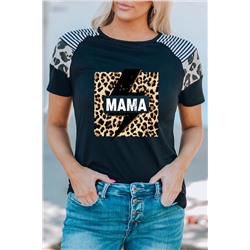 Black MAMA Leopard Lightning Striped Print Short Sleeve T Shirt