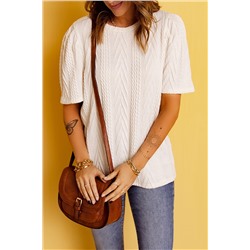 Beige Knitted Round Neck Short Sleeve Solid T-shirt