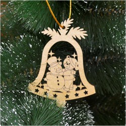 Деревянное ёлочное украшение золото: Колокольчик - Мишка и снеговик