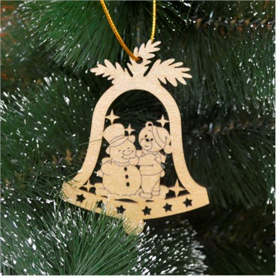 Деревянное ёлочное украшение золото: Колокольчик - Мишка и снеговик