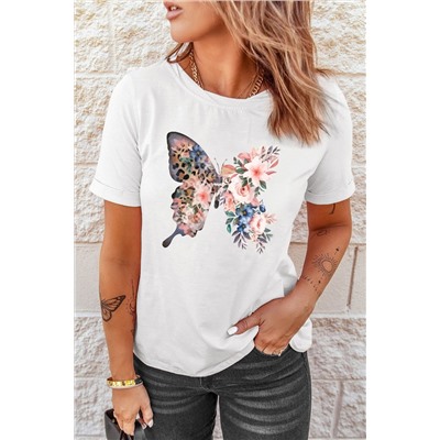 White Leopard Floral Butterfly Print T Shirt