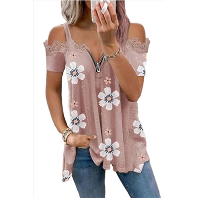 Pink Floral Print Lace Contrast Zipped Cold Shoulder T Shirt