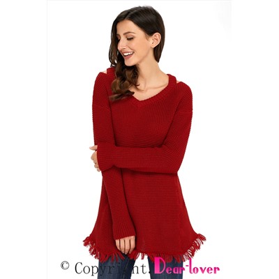 Красный свитер-туника с V-образным вырезом