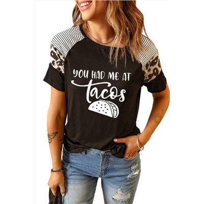 Black Tacos Letter Graphic Print Striped Short Sleeve T Shirt