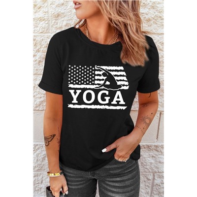 Black YOGA American Flag Graphic Print Short Sleeve T Shirt