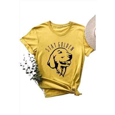 Yellow Stay Golden Letter Dog Print Short Sleeve Graphic Tee