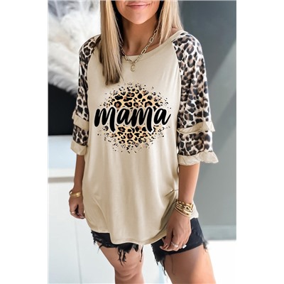 Apricot Mama Print Leopard Patchwork Tiered Half Sleeve Top