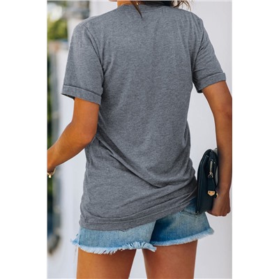 Gray Letters Tiger Print Cuffed Sleeve T-shirt