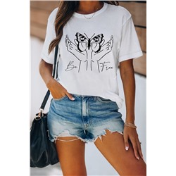 White Be Free Gesture Butterfly Print Short Sleeve Graphic Tee