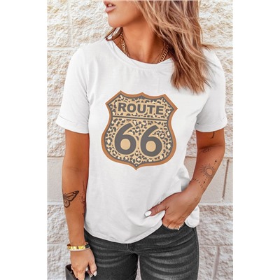 White Route 66 Leopard Print Crew Neck Graphic T Shirt