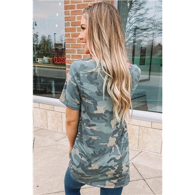 Camouflage Print V Neck Short Sleeve T Shirt