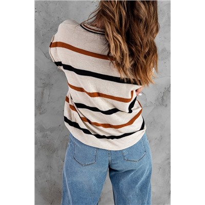 Crew Neck Striped Knit Sweater Top