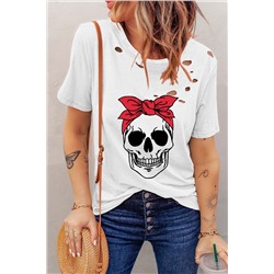 White Distressed Scarf Skull Graphic Tee