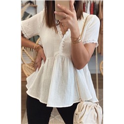 White Scalloped Trim Buttons Crinkled Peplum Top