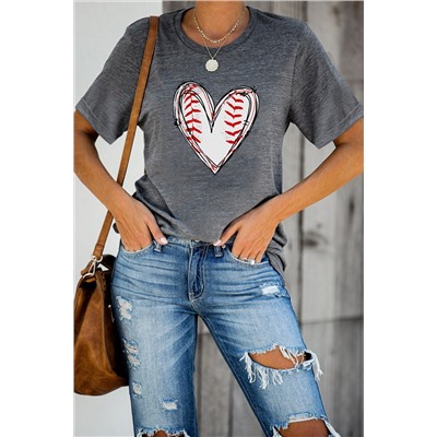 Gray Baseball Heart Print T Shirt