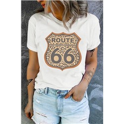 White Route 66 Leopard Print Crew Neck Graphic T Shirt