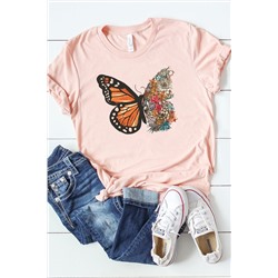Pink Butterfly Floral Print Short Sleeve Graphic Tee
