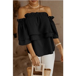 Черная блуза в горошек с открытыми плечами и оборками