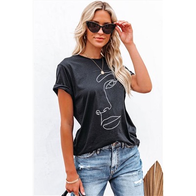Black Sketched Abstract Face Graphic Tee