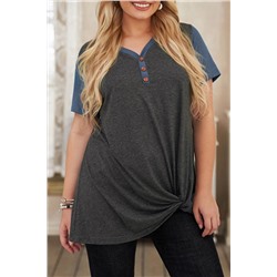 Gray Plus Size Raglan Sleeve Colorblock Twist Top