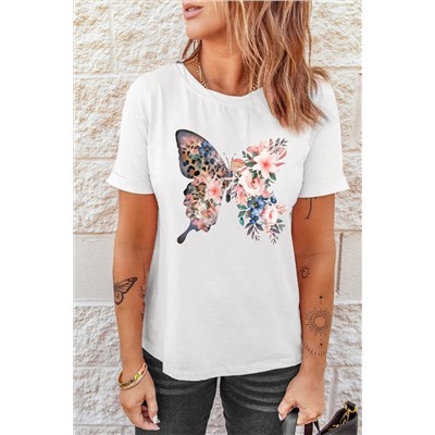 White Leopard Floral Butterfly Print T Shirt