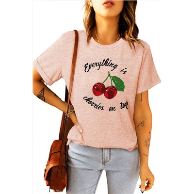 Pink Cherry Letters Print Short Sleeve Tee