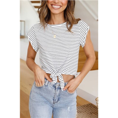 White Striped Crop Top with Tie up