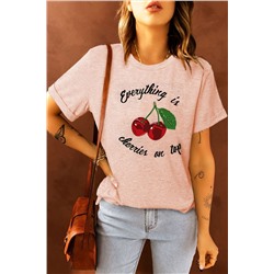 Pink Cherry Letters Print Short Sleeve Tee