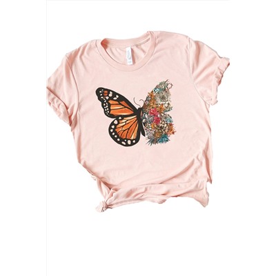 Pink Butterfly Floral Print Short Sleeve Graphic Tee