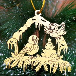 Игрушка на ёлку из дерева золото: Птички под крышей