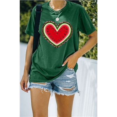 Green Watermelon Heart-shaped Print Short Sleeve Graphic Tee