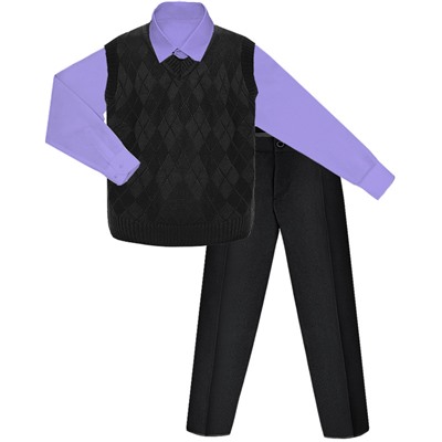 Школьный комплект для мальчика с сиреневой рубашкой, черным вязаным жилетом и брюками