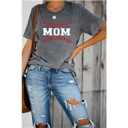 Gray Baseball MOM Print Round Neck T Shirt