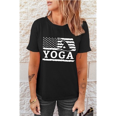 Black YOGA American Flag Graphic Print Short Sleeve T Shirt