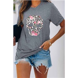 Gray Floral Leopard Skull Print Short Sleeve Graphic Tee