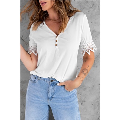 White Lace Patch Short Sleeve Buttoned V Neck Top