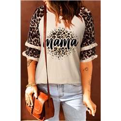 Apricot Mama Print Leopard Patchwork Tiered Half Sleeve Top