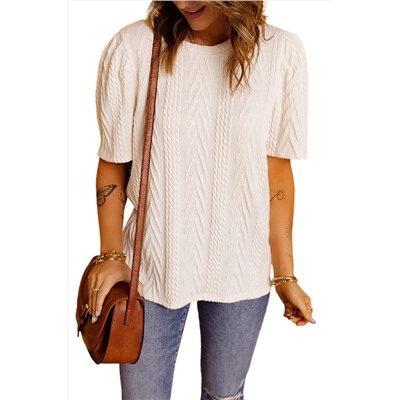 Beige Knitted Round Neck Short Sleeve Solid T-shirt