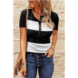 Black Color Block Button Knitted T-shirt