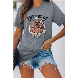Gray Letters Tiger Print Cuffed Sleeve T-shirt