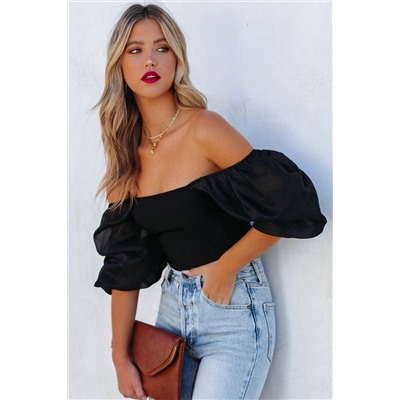 Black Solid Square Neck Puff Sleeve Crop Top