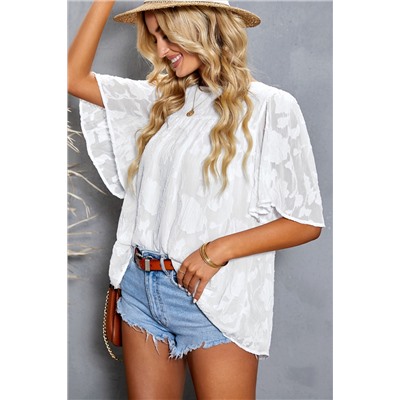 White Floral Textured Ruffled Half Sleeve Babydoll Top