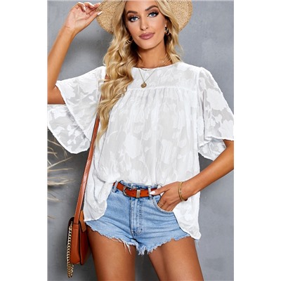 White Floral Textured Ruffled Half Sleeve Babydoll Top