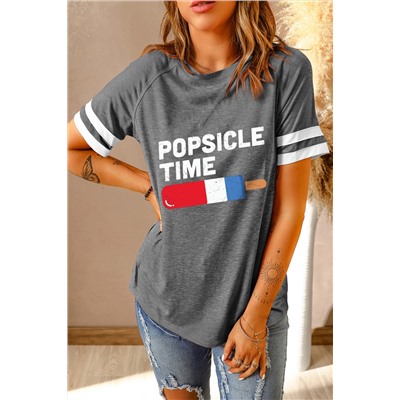 Gray POPSICLE TIME Graphic Striped Raglan T Shirt