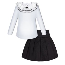 Школьный комплект для девочки с белым джемпером (блузкой) и темно-синей юбкой в линию
